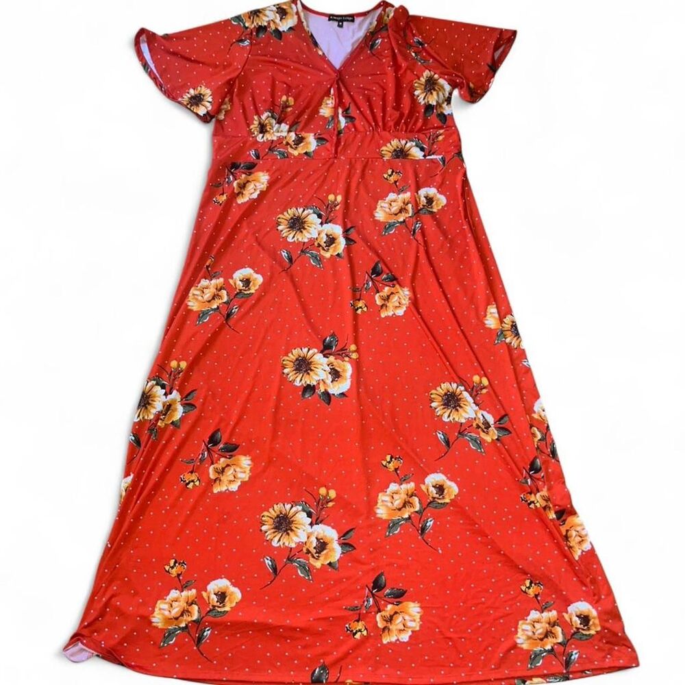 Always Indigo Women's Red Sunflower Boho Floral Maxi Dress SZ 3X Flaw